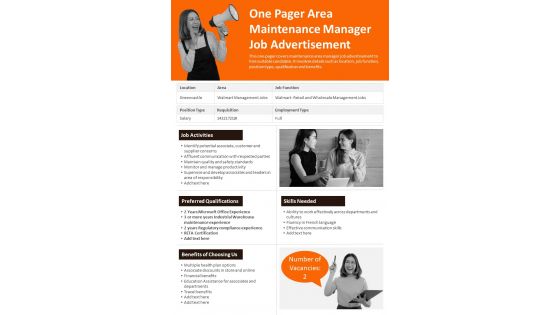 One Pager Area Maintenance Manager Job Advertisement PDF Document PPT Template