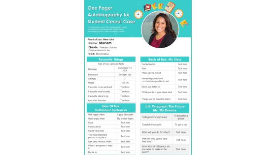 One Pager Autobiography For Student Cereal Case PDF Document PPT Template