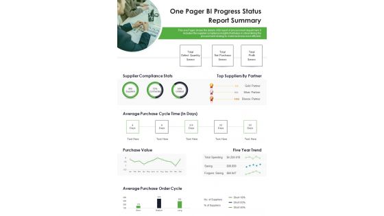 One Pager BI Progress Status Report Summary PDF Document PPT Template