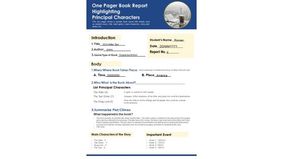 One Pager Book Report Highlighting Principal Characters PDF Document PPT Template