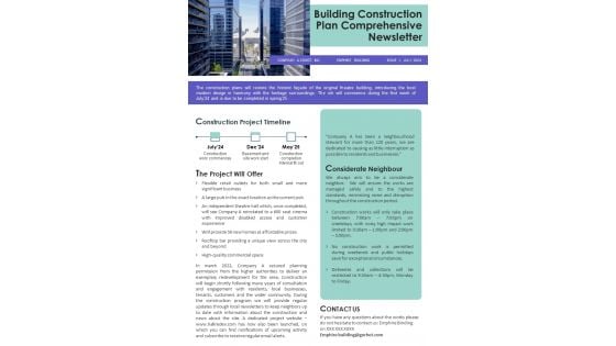 One Pager Building Construction Plan Comprehensive Newsletter PDF Document PPT Template