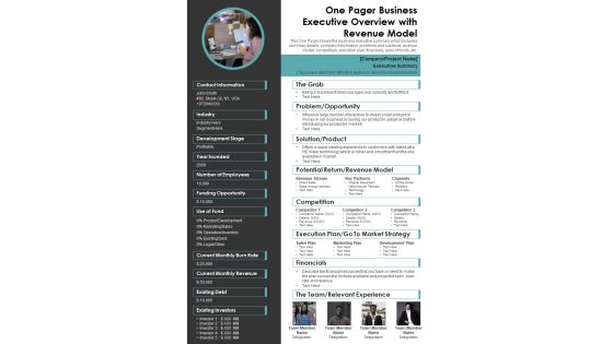 One Pager Business Executive Overview With Revenue Model PDF Document PPT Template