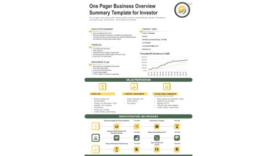 One Pager Business Overview Summary Template For Investor PDF Document PPT Template