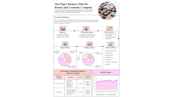 One Pager Business Plan For Beauty And Cosmetics Company PDF Document PPT Template