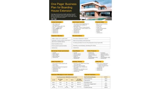One Pager Business Plan For Boarding House Extension PDF Document PPT Template