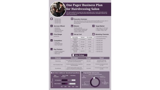 One Pager Business Plan For Hairdressing Salon PDF Document PPT Template