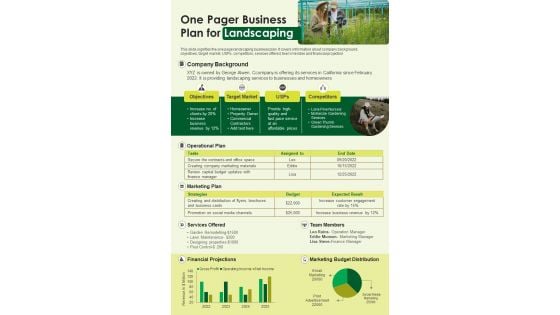 One Pager Business Plan For Landscaping PDF Document PPT Template