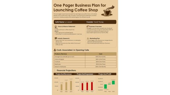 One Pager Business Plan For Launching Coffee Shop PDF Document PPT Template