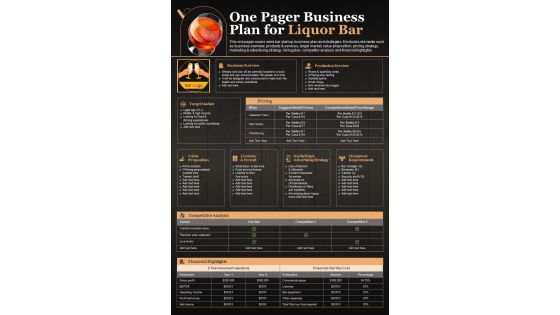 One Pager Business Plan For Liquor Bar PDF Document PPT Template