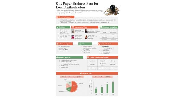 One Pager Business Plan For Loan Authorization PDF Document PPT Template