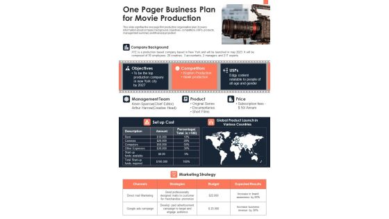 One Pager Business Plan For Movie Production PDF Document PPT Template