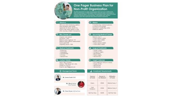 One Pager Business Plan For Non Profit Organization PDF Document PPT Template