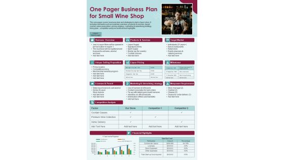 One Pager Business Plan For Small Wine Shop PDF Document PPT Template