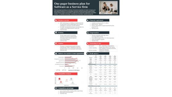 One Pager Business Plan For Software As A Service Firm PDF Document PPT Template