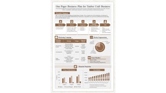 One Pager Business Plan For Timber Craft Business PDF Document PPT Template