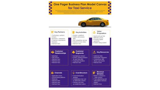 One Pager Business Plan Model Canvas For Taxi Service PDF Document PPT Template