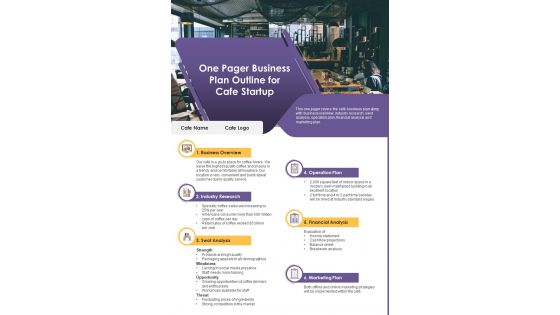 One Pager Business Plan Outline For Cafe Startup PDF Document PPT Template