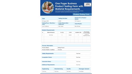 One Pager Business Product Testing Form With Material Requirements PDF Document PPT Template