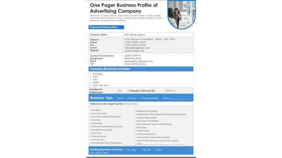 One Pager Business Profile Of Advertising Company PDF Document PPT Template