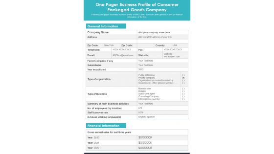 One Pager Business Profile Of Consumer Packaged Goods Company PDF Document PPT Template