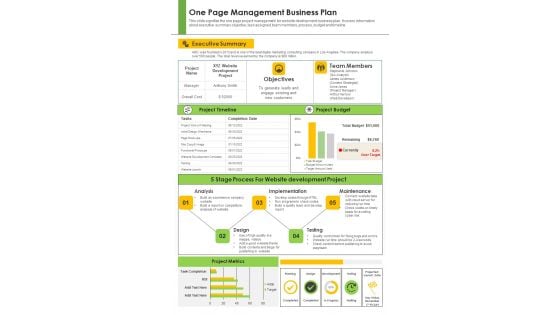 One Pager Business Project Management Plan PDF Document PPT Template