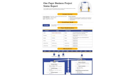 One Pager Business Project Status Report PDF Document PPT Template