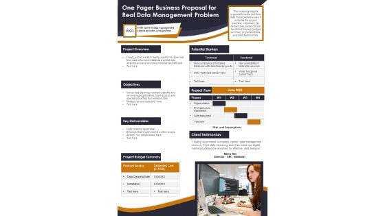One Pager Business Proposal For Real Data Management Problem PDF Document PPT Template One Pager Business Proposal For Real Data Management Problem PDF Document PPT Template
