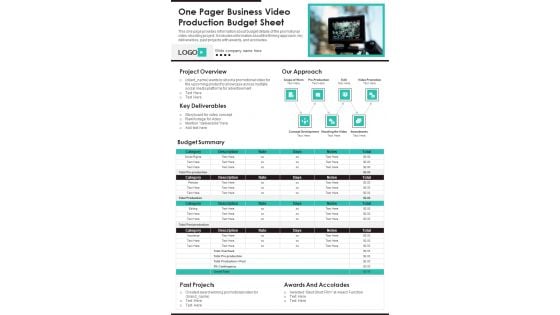 One Pager Business Video Production Budget Sheet PDF Document PPT Template One Pager Business Video Production Budget Sheet PDF Document PPT Template