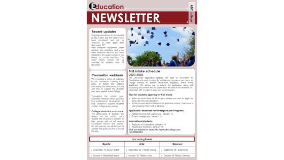 One Pager Campus Newsletter For College Students PDF Document PPT Template