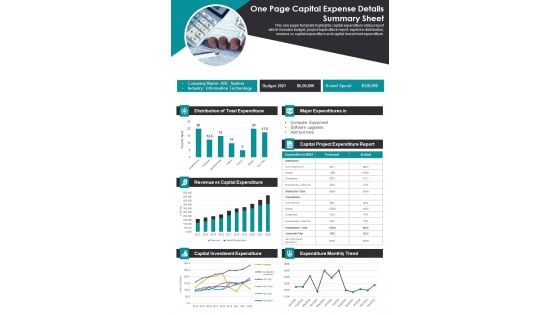 One Pager Capital Expenses Status Summary PDF Document PPT Template