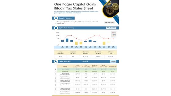 One Pager Capital Gains Bitcoin Tax Status Sheet PDF Document PPT Template