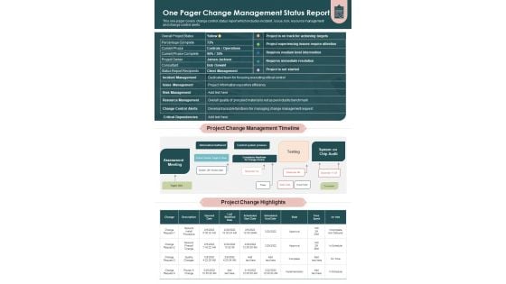 One Pager Change Management Status Report PDF Document PPT Template