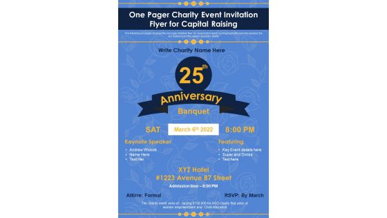 One Pager Charity Event Invitation Flyer For Capital Raising PDF Document PPT Template