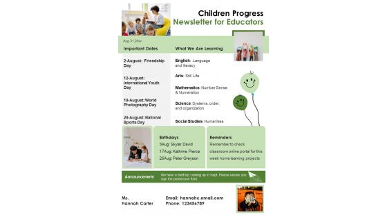 One Pager Children Progress Newsletter For Educators PDF Document PPT Template