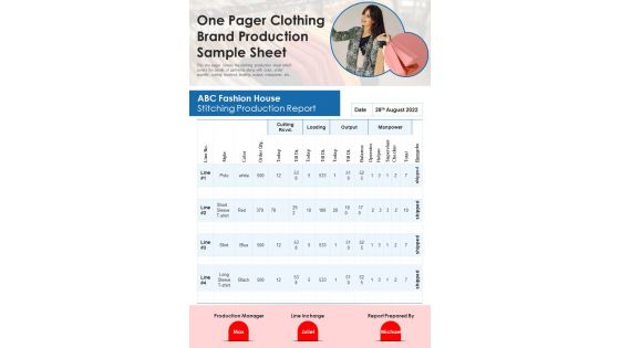 One Pager Clothing Brand Production Sample Sheet PDF Document PPT Template