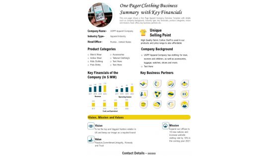 One Pager Clothing Business Summary With Key Financials PDF Document PPT Template