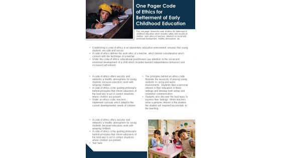 One Pager Code Of Ethnic Betterment Of Early Childhood Education PDF Document PPT Template