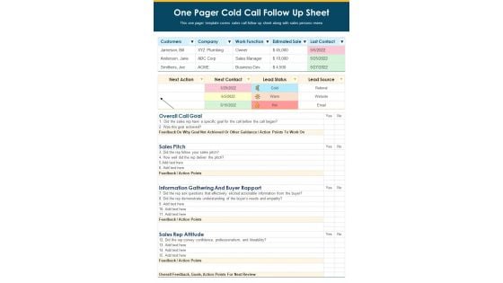 One Pager Cold Call Follow Up Sheet PDF Document PPT Template