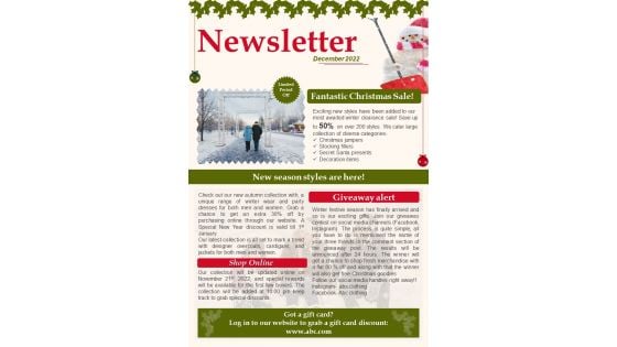 One Pager Cold Season Themed Newsletter PDF Document PPT Template