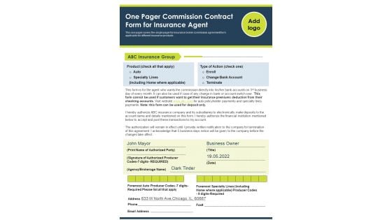 One Pager Commission Contract Form For Insurance Agent PDF Document PPT Template