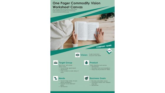 One Pager Commodity Vision Worksheet Canvas PDF Document PPT Template