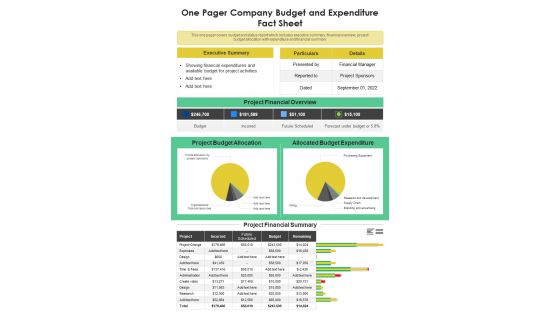 One Pager Company Budget And Expenditure Fact Sheet PDF Document PPT Template