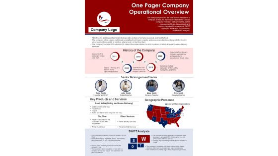 One Pager Company Operational Overview PDF Document PPT Template