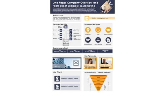 One Pager Company Overview And Facts Sheet Example In Marketing PDF Document PPT Template