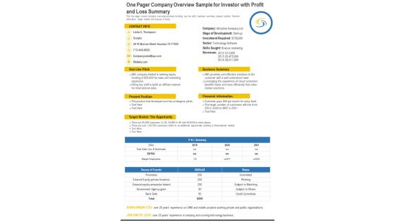 One Pager Company Overview Sample For Investor With Profit And Loss Summary PDF Document PPT Template