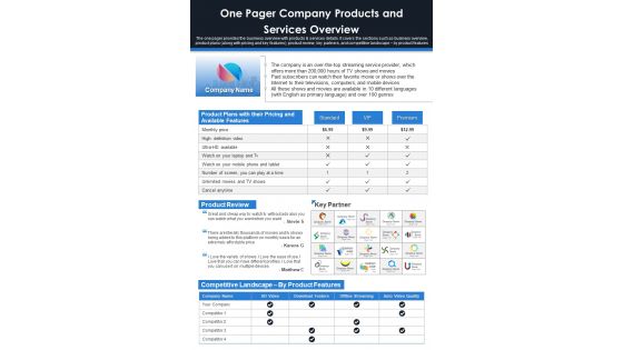 One Pager Company Products And Services Overview PDF Document PPT Template