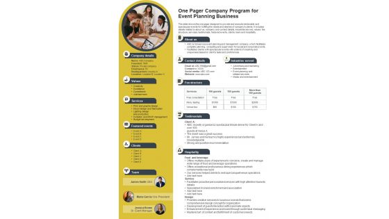 One Pager Company Program For Event Planning Business PDF Document PPT Template