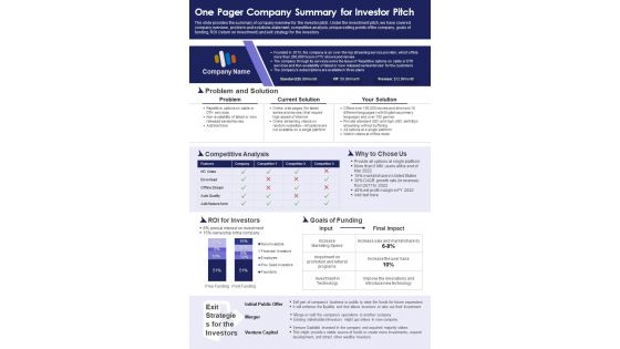 One Pager Company Summary For Investor Pitch PDF Document PPT Template