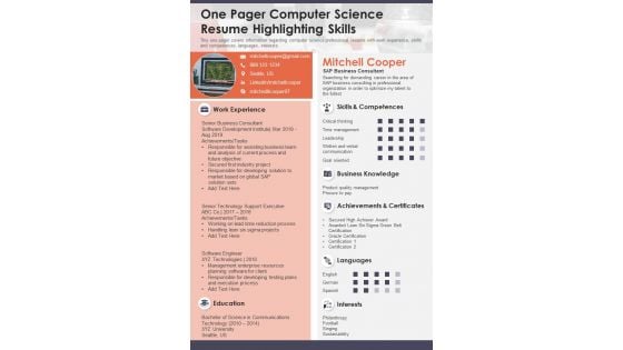 One Pager Computer Science Resume Highlighting Skills PDF Document PPT Template