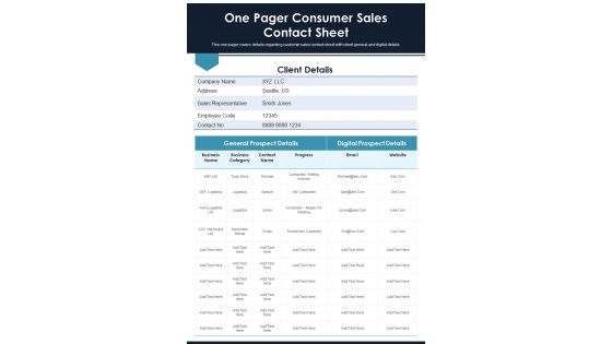 One Pager Consumer Sales Contact Sheet PDF Document PPT Template One Pager Consumer Sales Contact Sheet PDF Document PPT Template